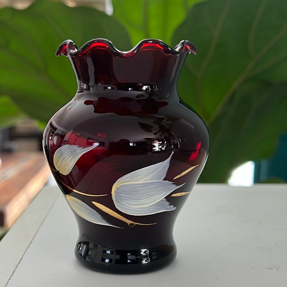 Vintage Anchor Hocking Ruby Red hand painted floral and silver gilt bud vase